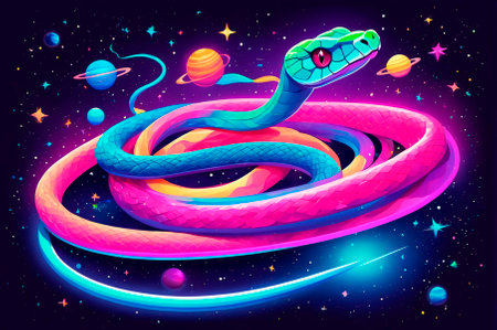 A vivid digital illustration depicting a snake hovering in space surrounded by colorful planets and...