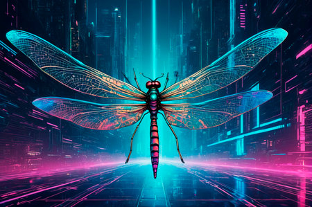 Flying dragonflies in the cyberpunk style. Generative AI.の写真素材