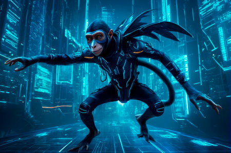 Monkeys in the cyberpunk style. Generative AI.
