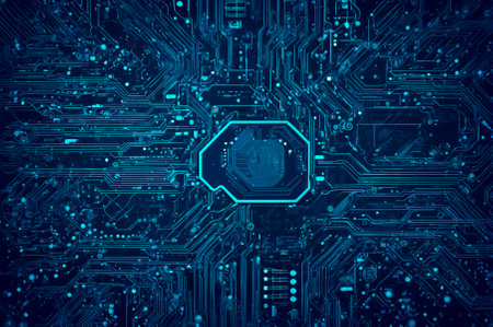 Background of the poster with a digital motherboard, cyberpunk. Generative AI.