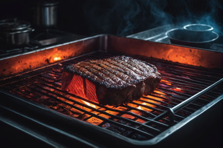 Juicy Steak Grilling on Open Flame with Smoke Rising. Generative AI.