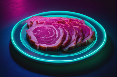 Neon Lit Plate of Sliced Raw Meat on Display. Generative AI.の写真素材