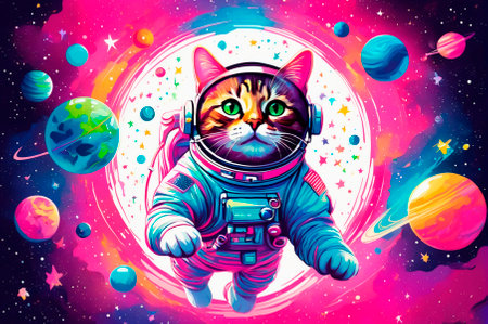 A vivid digital illustration depicting an astronaut cat hovering in space surrounded by colorful planets and stars. Generative AI.の写真素材