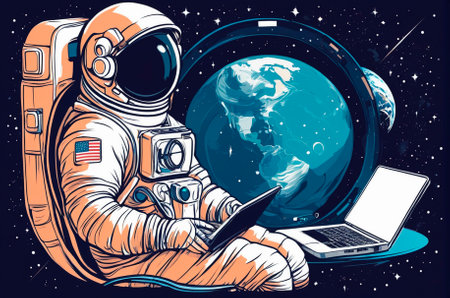 Astronaut on a satellite is resting with a laptop in his hands and admiring the planet in outer space in a vector style. Generative AI.の写真素材