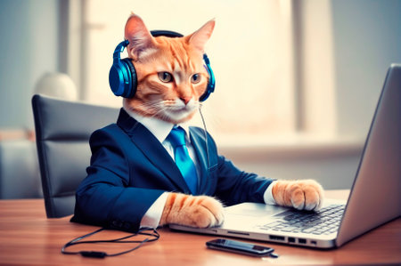 Cat in a business suit with headphones is sitting at a laptop, a high-quality, vivid illustration. Generative AI.の写真素材