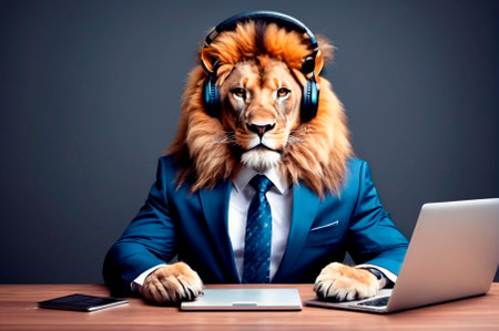 Lion in a business suit with headphones is sitting at a laptop, a high-quality, vivid illustration.の写真素材