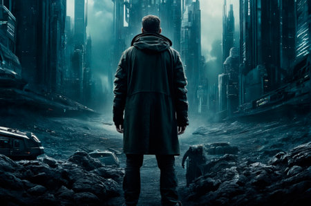 Man looks at the world of the future, a dystopia.