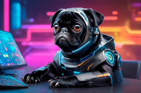 Black pug wearing a robot mask uses technology. Generative AI.の写真素材