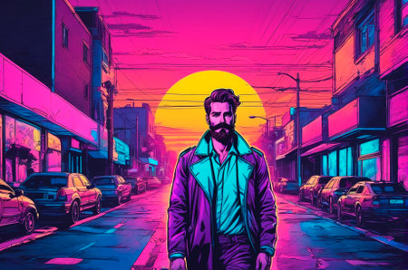 Handsome man walking through the streets, against a sunset background, mustache, beard, neon, a...