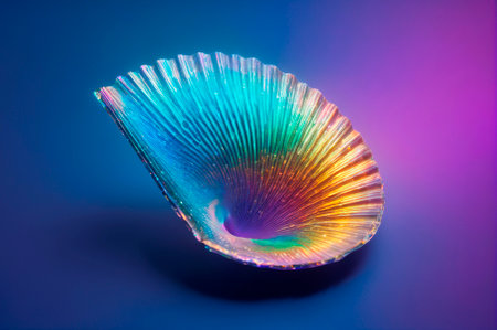 Iridescent Seashell on a Vibrant Gradient Background. Generative AI.の写真素材