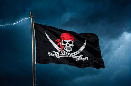 Waving pirate flag against the background of a stormy night sky. Generative AI.の写真素材