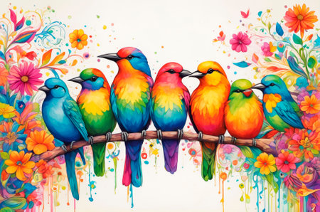 Psychedelic rainbow birds of all shapes and sizes with colors, bright colors. Generative AI.の写真素材