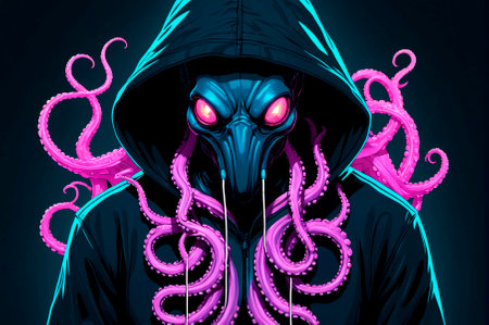 Cyberpunk octopus hooded sweatshirts, illustration. Generative AI.の写真素材