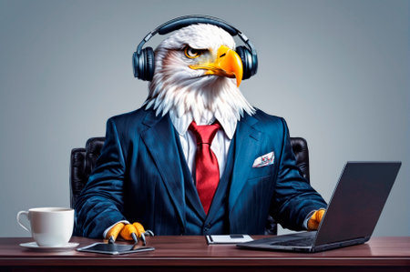 Eagle in a business suit with headphones is sitting at a laptop, a high-quality, vivid illustration. Generative AI.の写真素材