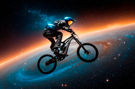Jump on an interstellar bike in an extreme pose. Generative AI.の写真素材