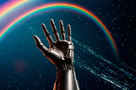 Rainbow in space with a cyborg's outstretched hand. Generative AI.の写真素材