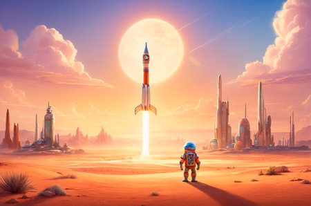 Rocket standing on the ground in the desert, vector style. Generative AI.の写真素材