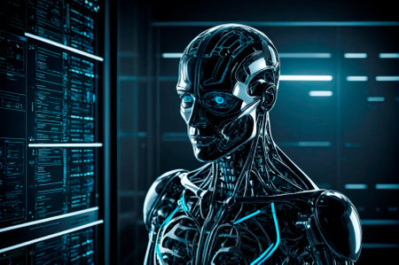 Robot interacts with a neural network. Generative AI.の写真素材