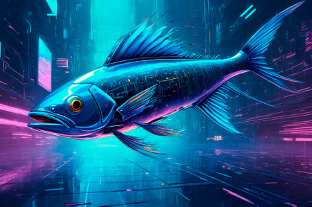 Polymorphic in the form of flying fish in the cyberpunk style. Generative AIの写真素材