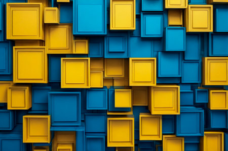 Wall of digital cascading squares in blue and yellow shades. Generative AI.の写真素材