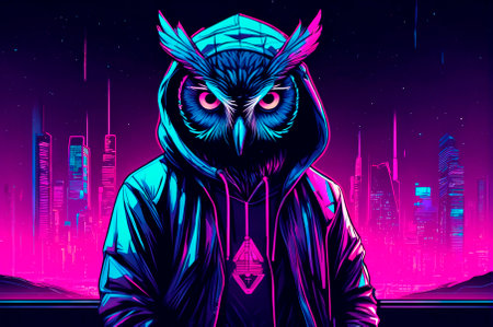 Illustration, neon aesthetics, neo-noir, cyberpunk owl in a hoodie. Generative AI.の写真素材