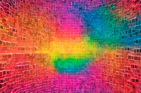 Grid of cubes with a rainbow digital code exploding out of them. Generative AI.