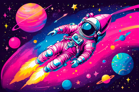 Astronaut on a rocket hovering in space surrounded by colorful planets and stars, a vivid...