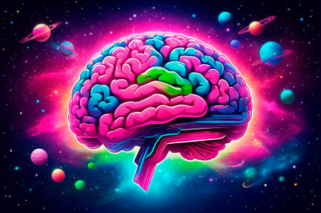 Brain floating in space surrounded by colorful planets and stars. Generative AI.