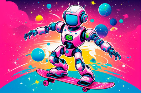 Robot on a skateboard floating in space surrounded by colorful planets and stars, a vivid illustration. Generative AI.の写真素材
