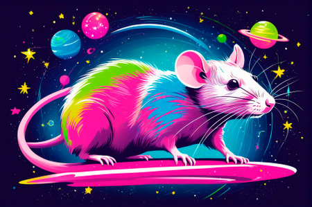 Rat hovering in space around colorful planets and stars, digital illustration. Generative AI.の写真素材