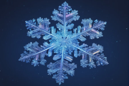 Close-Up of Intricate Snowflake on Dark Background. Generative AI.