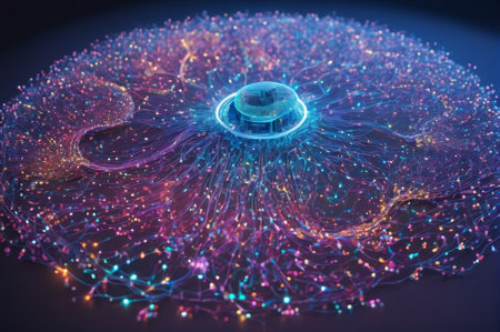 Futuristic Network Hub with Colorful Data Streams. Generative AI.の写真素材