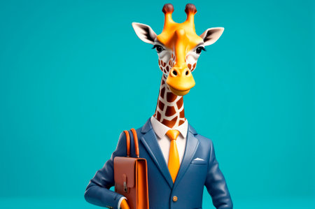 Giraffe banker with a briefcase, cartoon style, 3 D rendering. Generative AI.の写真素材