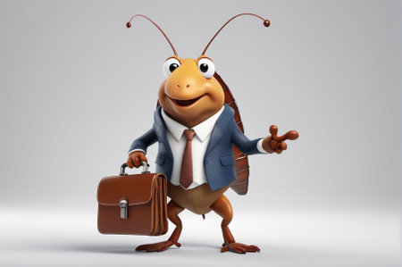 Cockroach banker with a briefcase, cartoon style, 3 D rendering. Generative AI.
