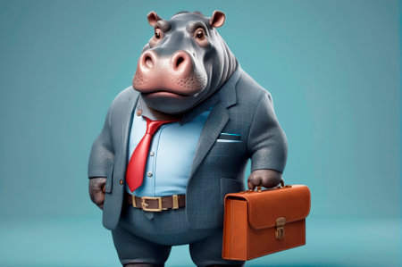 Hippopotamus banker with a briefcase, cartoon style, 3 D rendering. Generative AI.の写真素材