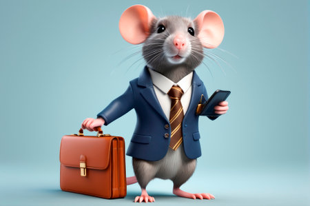 Rat banker with a briefcase, cartoon style, 3 D rendering. Generative AI.