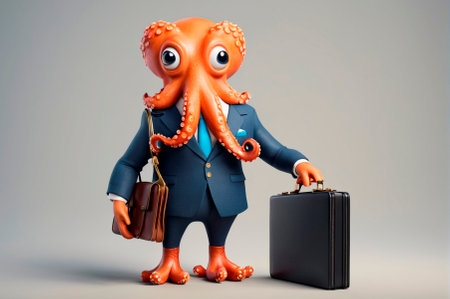 Octopus banker with a briefcase, cartoon style, 3 D rendering. Generative AI.の写真素材