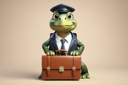 Turtle banker with a briefcase, cartoon style, 3 D rendering. Generative AI.の写真素材