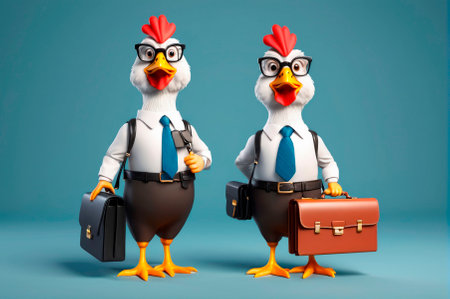 Chicken banker with a briefcase, cartoon style, 3 D rendering. Generative AI.の写真素材
