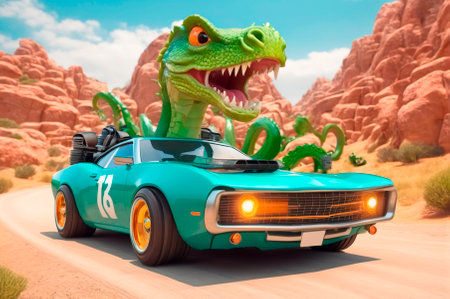 Hydra is driving a car, cartoon style, 3 d rendering. Generative AI.の写真素材