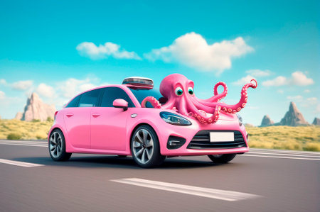 Octopus is driving a car, cartoon style, 3 d rendering. Generative AI.