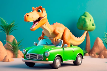 Dinosaur is driving a car, cartoon style, 3 d rendering. Generative AI.の写真素材