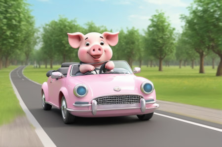 Pig is driving a car, cartoon style, 3 d rendering. Generative AI.の写真素材
