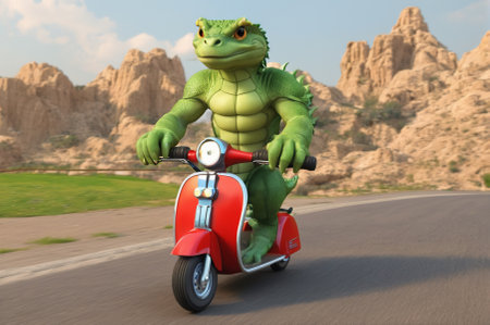Rides a scooter, cartoon style, 3 d rendering. Generative AI.の写真素材