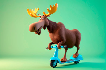 Moose rides a scooter, cartoon style, 3 d rendering. Generative AI.の写真素材