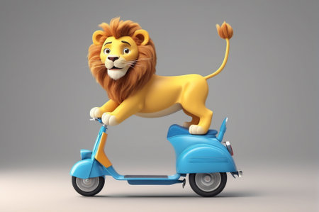 Lion rides a scooter, cartoon style, 3 d rendering. Generative AI.の写真素材
