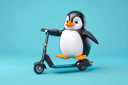 Penguin rides a scooter, cartoon style, 3 d rendering. Generative AI.の写真素材