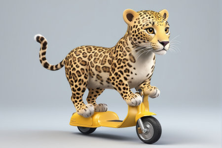 Leopard rides a scooter, cartoon style, 3 d rendering. Generative AI.の写真素材