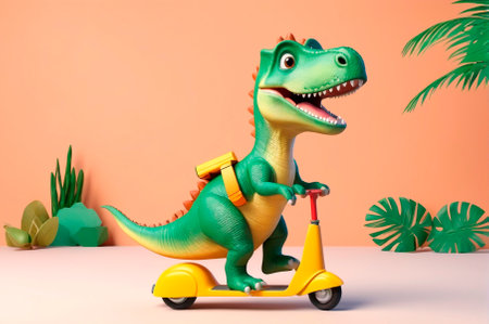 Dinosaur rides a scooter, cartoon style, 3 d rendering. Generative AI.の写真素材