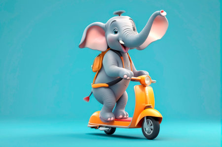 Elephant rides a scooter, cartoon style, 3 d rendering. Generative AI.の写真素材